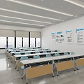 Bright Modern Spacious Conference Room With Neatly Arranged Training Tables And Comfortable Light Blue Chairs