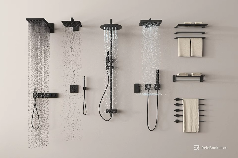 Modern Black Shower System With Rainfall And Handheld Heads And Wall Mounted Towel Racks 3d model 