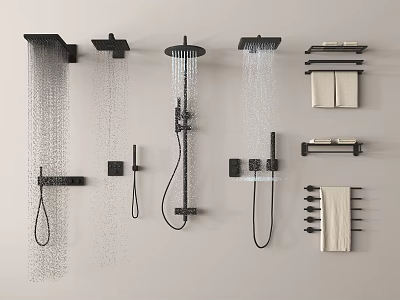 Modern Black Shower System With Rainfall And Handheld Heads And Wall Mounted Towel Racks 3d model