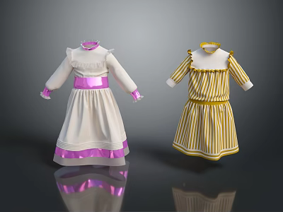 Stylish White And Yellow Striped Dresses With Colorful Sashes Collars And Cuffs 3d model
