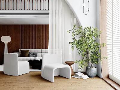 White Leisure Chair In Modern Living Room With Wooden Floor And Green Plant 3d model