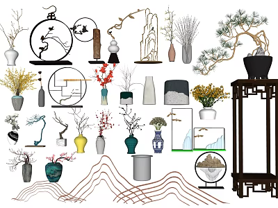 Chinese Style Decorative Vases With Various Flowers For Home Interior Design 3d model
