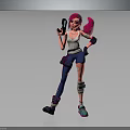 Pink Haired Female Character Holding Gun Wearing White Tank Top And Blue Ripped Pants