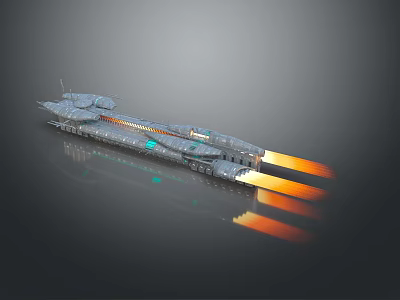 Futuristic Sci Fi Spaceship With Metallic Exterior And Orange Thruster Flames 3d model