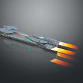 Futuristic Sci Fi Spaceship With Metallic Exterior And Orange Thruster Flames