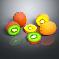 Whole and Sliced Kiwi with Green Flesh Black Seeds and Fresh Orange Fruits