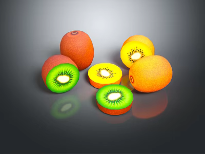 Whole and Sliced Kiwi with Green Flesh Black Seeds and Fresh Orange Fruits 3d model