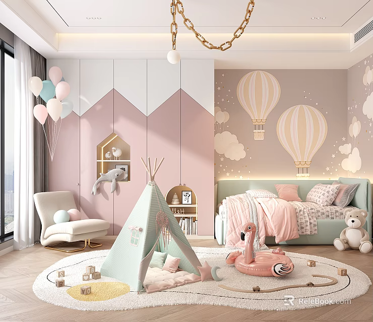 Playful Kids Bedroom With Pastel Colors Hot Air Balloon Murals And Teepee 3d model 