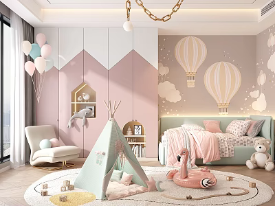 Playful Kids Bedroom With Pastel Colors Hot Air Balloon Murals And Teepee 3d model