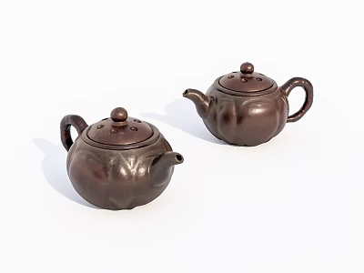 Two Traditional Brown Clay Teapots with Classic Design and Smooth Surface 3d model