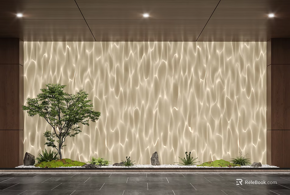 Decorative Lighting Illuminating Wavy Textured Wall With Tree Stones and Green Plants on Dark Floor 3d model 