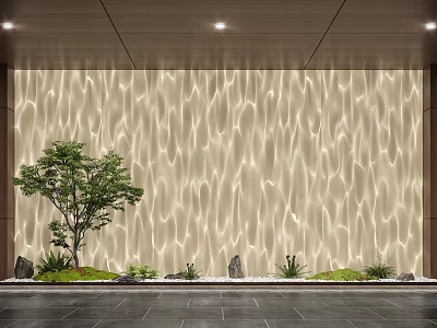 Decorative Lighting Illuminating Wavy Textured Wall With Tree Stones and Green Plants on Dark Floor 3d model