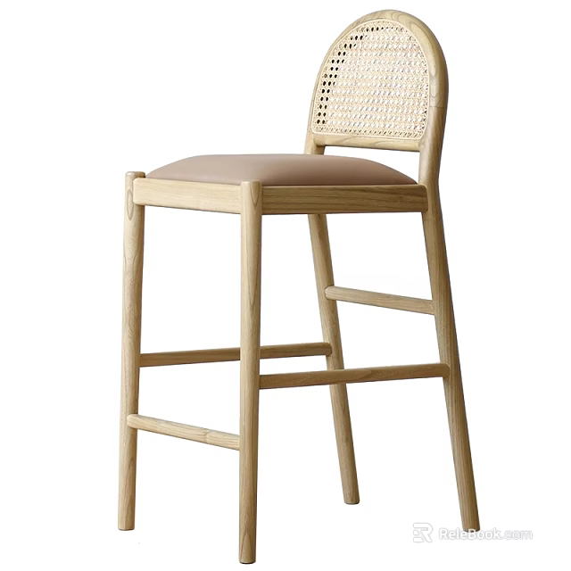 Modern Minimalist Bar Stool With Wooden Frame Woven Backrest And Light Colored Seat 3d model 