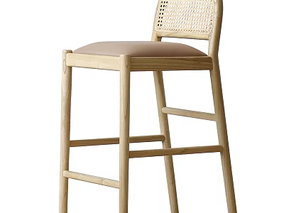 Modern Minimalist Bar Stool With Wooden Frame Woven Backrest And Light Colored Seat 3d model