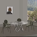 Modern Round Marble Top Dining Table Set With Green Upholstered Chairs And Black Base