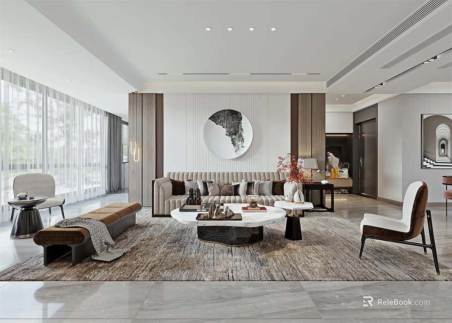 Modern Living Dining Room Interior Design With Sofa Coffee Table Rug And Wall Art Decor 3d model 