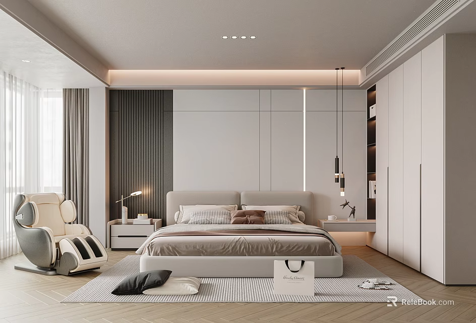 Modern Elegant Bedroom Interior With Large Bed Nightstand Floor Lamp Wardrobe Rug And Accent Chair 3d model 