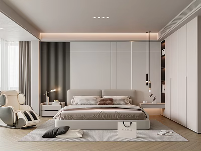 Modern Elegant Bedroom Interior With Large Bed Nightstand Floor Lamp Wardrobe Rug And Accent Chair 3d model