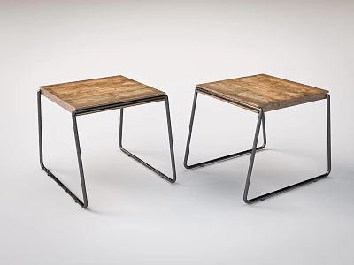 Two Industrial Style Modern Stools With Wooden Top And Black Metal Frame 3d model