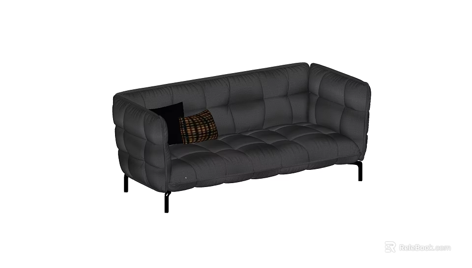 Black Three Seater Sofa with Modern Design Featuring Black and Plaid Pattern Cushions 3d model