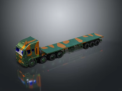 Green Truck With Long Flatbed Trailer Orange Patterns And Multiple Wheels 3d model