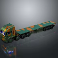 Green Truck With Long Flatbed Trailer Orange Patterns And Multiple Wheels 3d model