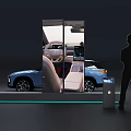 Blue Car Exhibition On Platform With Transparent Display Structure And Silhouette Figure
