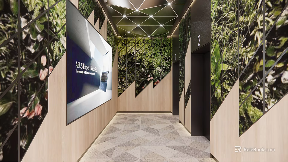 Elevator Lobby Featuring Green Plant Wall Display Screen Wooden Decor And Geometric Ceiling 3d model 
