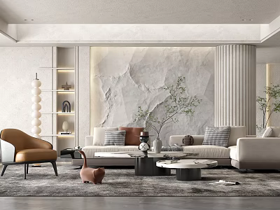 Modern Living Room Interior Featuring Marble Wall Sofa Brown Chair Green Plants And Coffee Tables 3d model