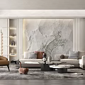 Modern Living Room Interior Featuring Marble Wall Sofa Brown Chair Green Plants And Coffee Tables