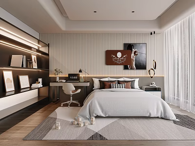 Modern Kids Room Interior With Bed Desk Chair Wall Art And Geometric Rug 3d model