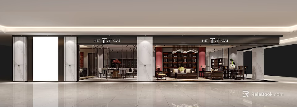 Modern Specialty Store Interior Design With Elegant Bookshelves Sofa And Tables 3d model 