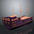 Purple Vintage Wooden Ship With Three Tall Masts And Orange Deck Design