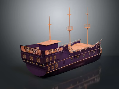 Purple Vintage Wooden Ship With Three Tall Masts And Orange Deck Design 3d model