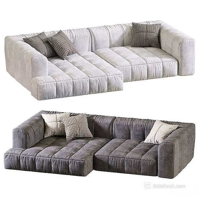 Modern Sectional Sofa in Light and Dark Gray with Tufted Design and Decorative Pillows 3d model 