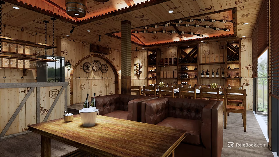 Rustic Wine Cellar Interior With Wooden Wine Racks Leather Sofas And Barrel Decor 3d model