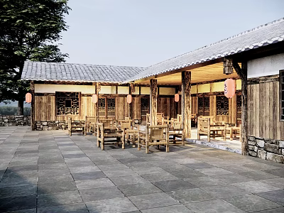 Traditional Chinese Detached Villa With Courtyard Wooden Furniture And Red Lanterns 3d model