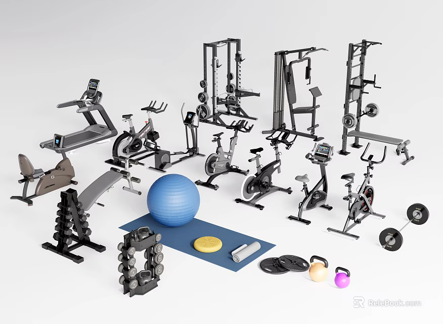 Different Types of Sports Equipment Including Dumbbells Treadmills Exercise Bikes And Fitness Balls 3d model 