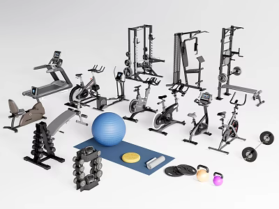 Different Types of Sports Equipment Including Dumbbells Treadmills Exercise Bikes And Fitness Balls 3d model