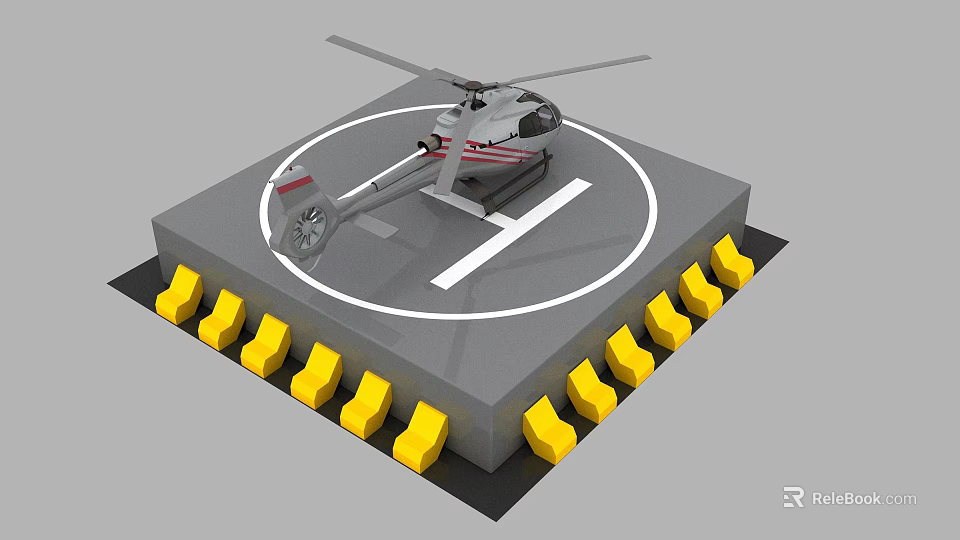 Helicopter Parked On Gray Landing Pad With White H Marking And Yellow Bumpers Around 3d model 