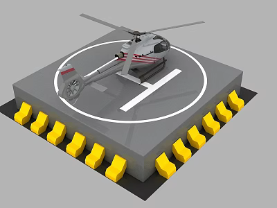 Helicopter Parked On Gray Landing Pad With White H Marking And Yellow Bumpers Around 3d model