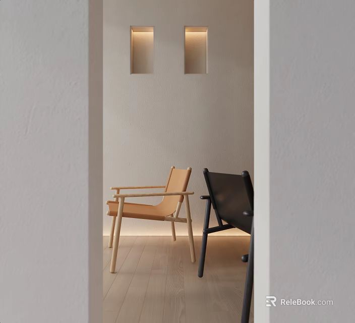 Light And Dark Modern Leisure Chairs With Minimalist Wall Lighting And Wooden Floor 3d model 