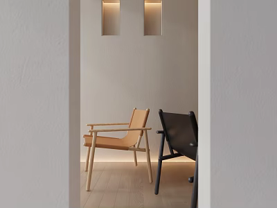 Light And Dark Modern Leisure Chairs With Minimalist Wall Lighting And Wooden Floor 3d model