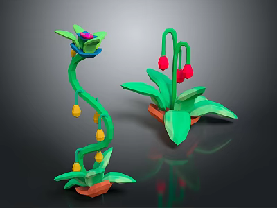 Cartoon Style Plants Featuring Curved Green Stems Yellow Lanterns Red Flowers And Orange Bases 3d model