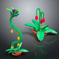 Cartoon Style Plants Featuring Curved Green Stems Yellow Lanterns Red Flowers And Orange Bases