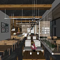 Cozy Modern Café Interior With Wooden Ceiling Hanging Pendant Lights And Decorative Wall Art