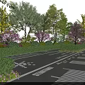 Garden Landscape Design With Paved Pathway Flowering Trees Trimmed Hedges And Colorful Flowers