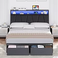 Modern Double Bed with Black Headboard Blue LED Lights Storage Drawers and Nightstands
