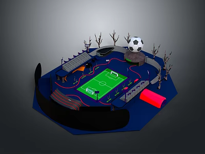 Soccer Field Sports Facility Architecture With Stands Trees Green Pitch And Soccer Ball 3d model