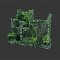 Medieval Style Decorative Castle Ornament Set With Ruined Walls Green Plants And Stone Base